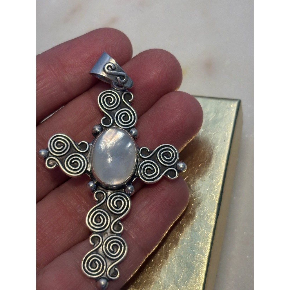 Vintage Mexico Sterling Silver 925 Moonstone Scrollwork Cross Pendant MWS